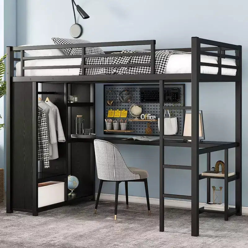 Twin XL Size Loft Bed Frame with Built-in Wardrobe Metal Loft Bed with Desk and Storage Shelves Black