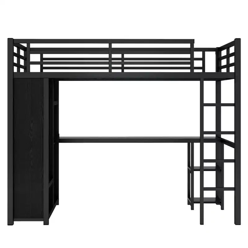 Twin XL Size Loft Bed Frame with Built-in Wardrobe Metal Loft Bed with Desk and Storage Shelves Black