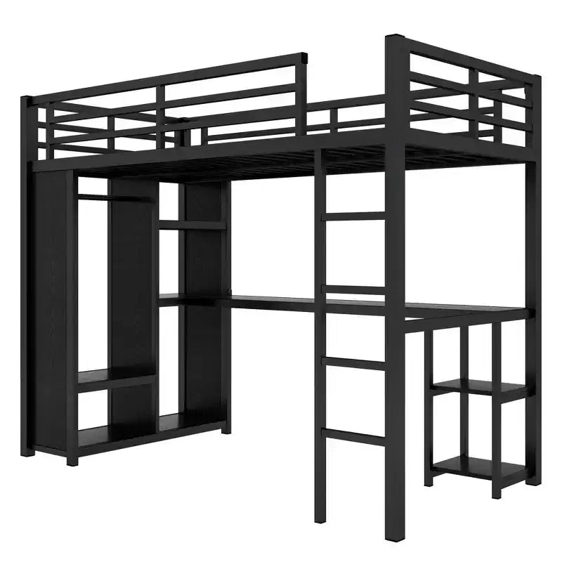 Twin XL Size Loft Bed Frame with Built-in Wardrobe Metal Loft Bed with Desk and Storage Shelves Black