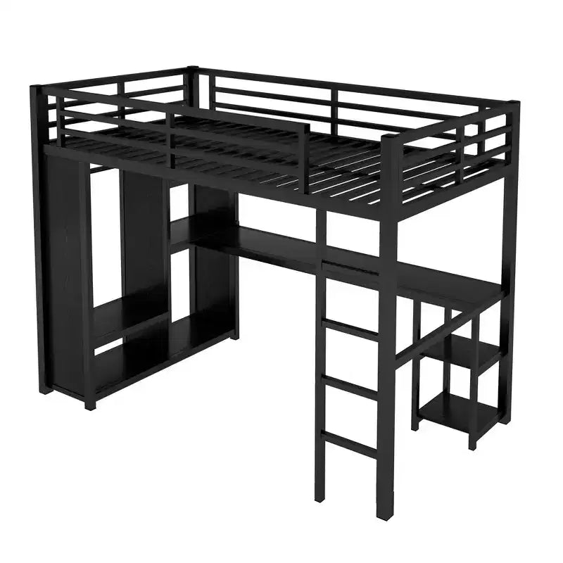 Twin XL Size Loft Bed Frame with Built-in Wardrobe Metal Loft Bed with Desk and Storage Shelves Black