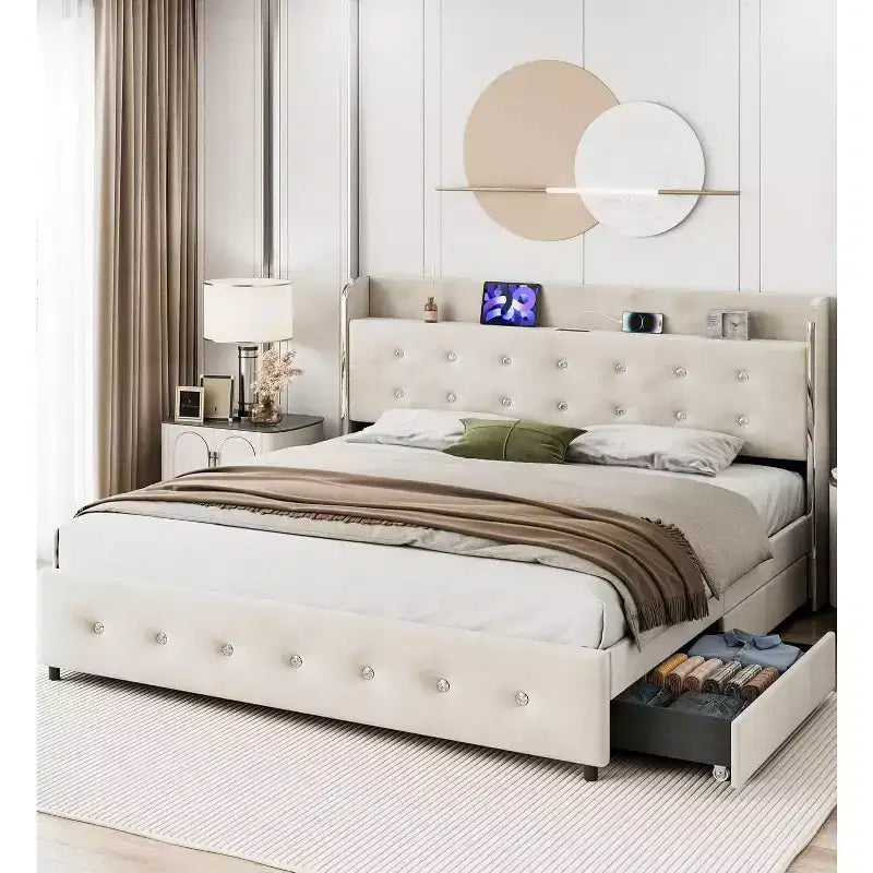 Bed Frame with Storage Headboard, 4 Drawers, and Charging Station, Velvet Upholstered Platform Design, No Box Spring Required, Sturdy Support.