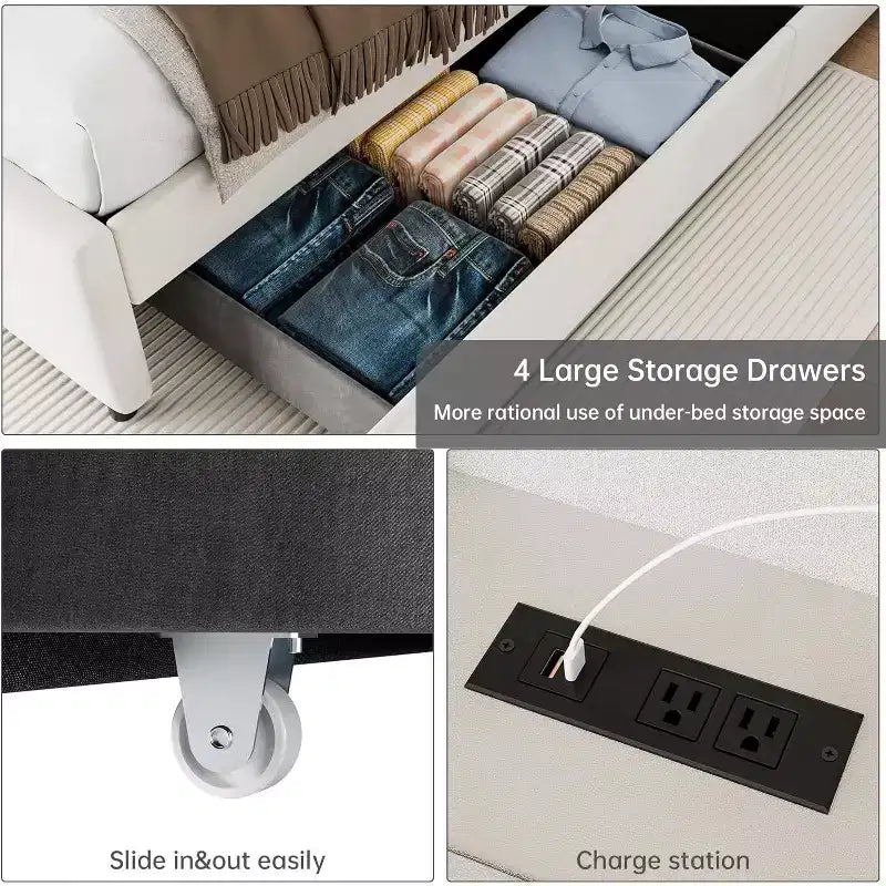 Bed Frame with Storage Headboard, 4 Drawers, and Charging Station, Velvet Upholstered Platform Design, No Box Spring Required, Sturdy Support.