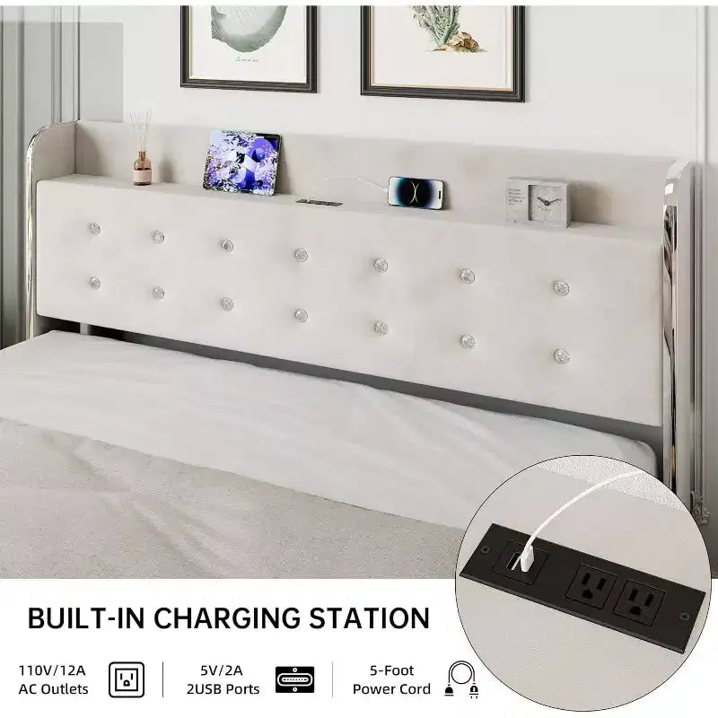 Cadre de lit avec tête de lit de rangement, 4 tiroirs et station de charge, design plateforme rembourrée en velours, pas besoin de sommier tapissier, support robuste.