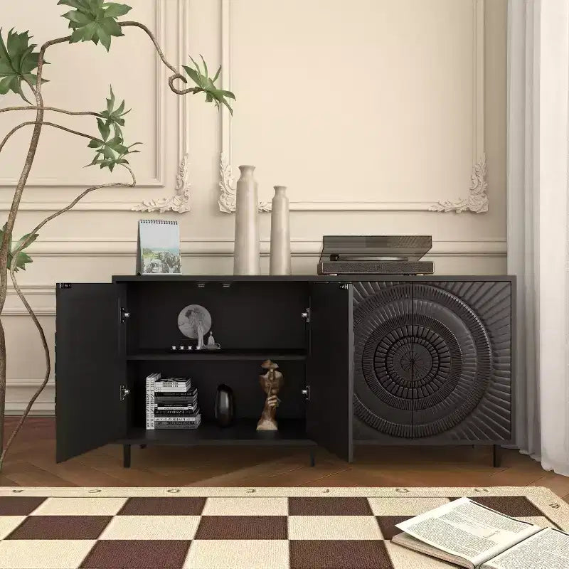 Okak Modern Sideboard Buffet, Storage Cabinet with 2 Doors and Hand-carved Patterns, Curio Cabinet for Dining Room, Living Room, Kitchen