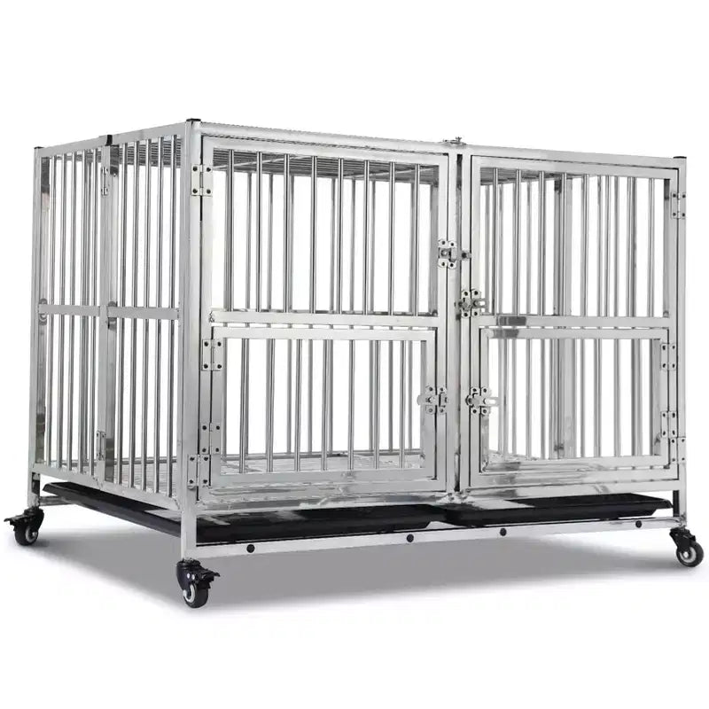 48-in Heavy Duty Dog Crate Cage Kennel with Wheels, Full Stainless Steel High Anxiety Indestructible Dog Crate, Sturdy Locks Design, Silver