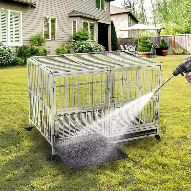 48-in Heavy Duty Dog Crate Cage Kennel with Wheels, Full Stainless Steel High Anxiety Indestructible Dog Crate, Sturdy Locks Design, Silver