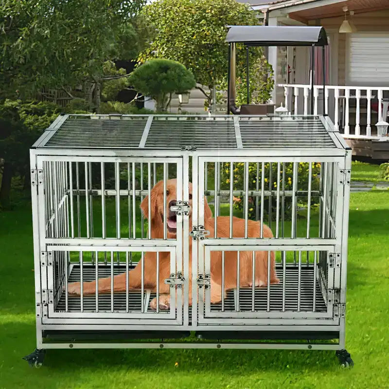 48-in Heavy Duty Dog Crate Cage Kennel with Wheels, Full Stainless Steel High Anxiety Indestructible Dog Crate, Sturdy Locks Design, Silver
