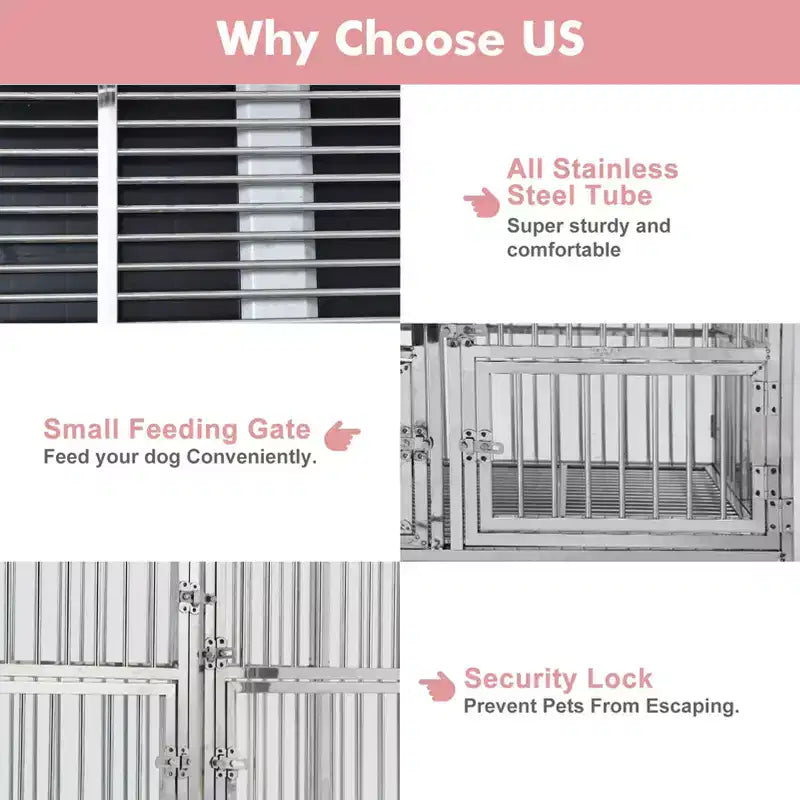 48-in Heavy Duty Dog Crate Cage Kennel with Wheels, Full Stainless Steel High Anxiety Indestructible Dog Crate, Sturdy Locks Design, Silver
