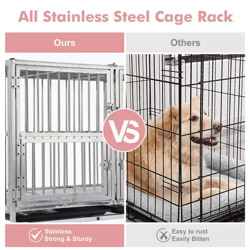 48-in Heavy Duty Dog Crate Cage Kennel with Wheels, Full Stainless Steel High Anxiety Indestructible Dog Crate, Sturdy Locks Design, Silver