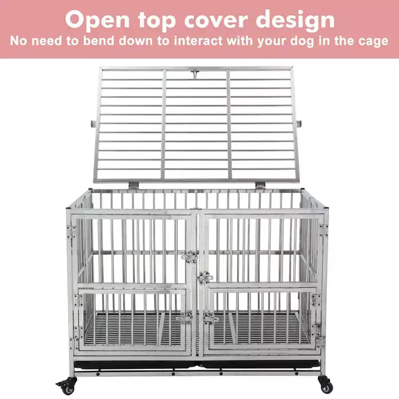 48-in Heavy Duty Dog Crate Cage Kennel with Wheels, Full Stainless Steel High Anxiety Indestructible Dog Crate, Sturdy Locks Design, Silver
