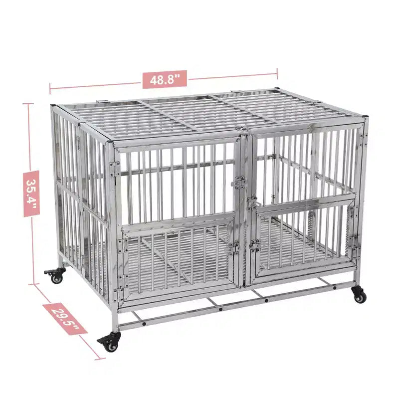 48-in Heavy Duty Dog Crate Cage Kennel with Wheels, Full Stainless Steel High Anxiety Indestructible Dog Crate, Sturdy Locks Design, Silver