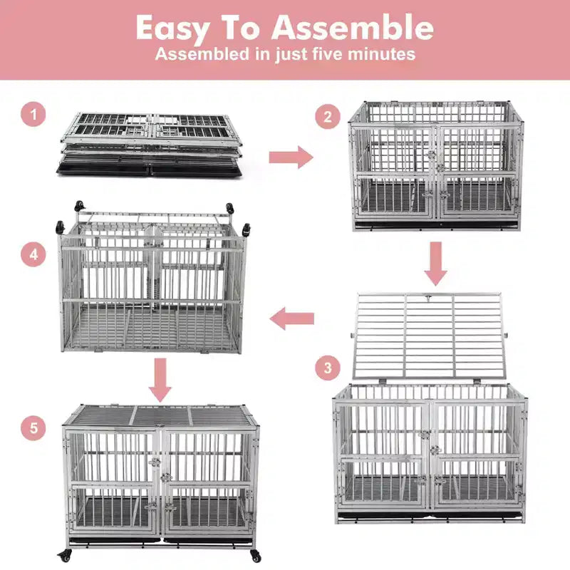 48-in Heavy Duty Dog Crate Cage Kennel with Wheels, Full Stainless Steel High Anxiety Indestructible Dog Crate, Sturdy Locks Design, Silver