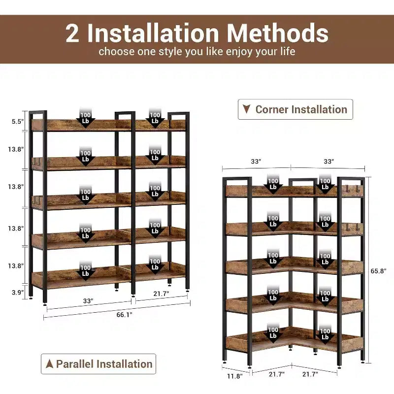 Acekool 5 Tier Convertible Corner Bookshelf, L Shaped Industrial Bookcase, Display Storage Shelf for Living Room Office