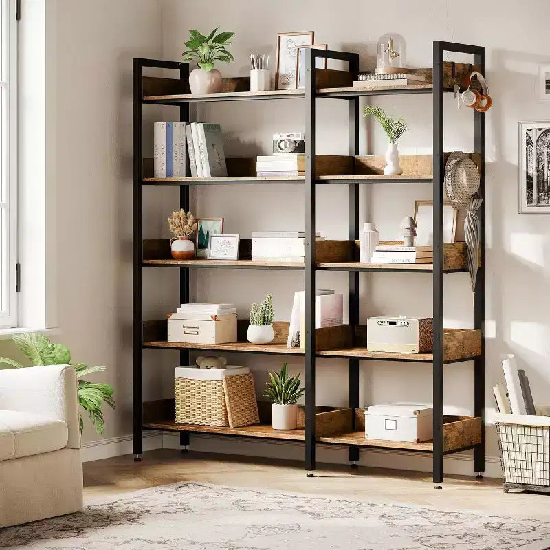Acekool 5 Tier Convertible Corner Bookshelf, L Shaped Industrial Bookcase, Display Storage Shelf for Living Room Office