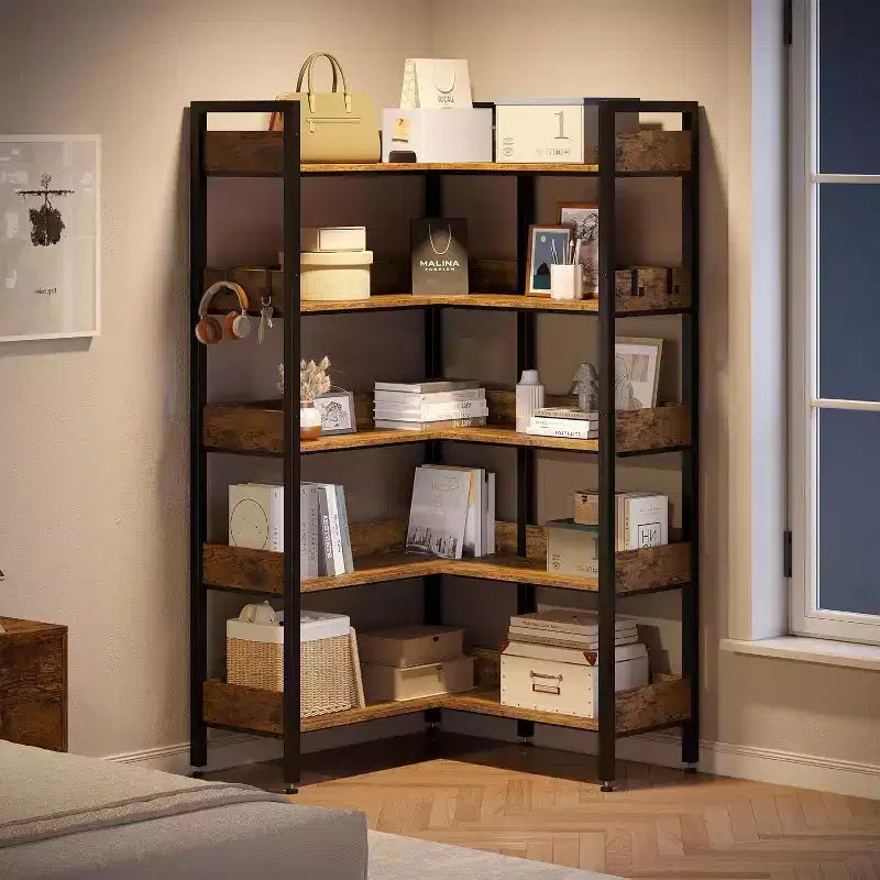Acekool 5 Tier Convertible Corner Bookshelf, L Shaped Industrial Bookcase, Display Storage Shelf for Living Room Office