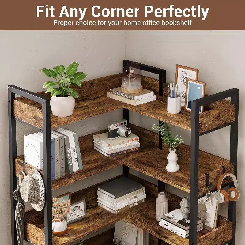 Acekool 5 Tier Convertible Corner Bookshelf, L Shaped Industrial Bookcase, Display Storage Shelf for Living Room Office
