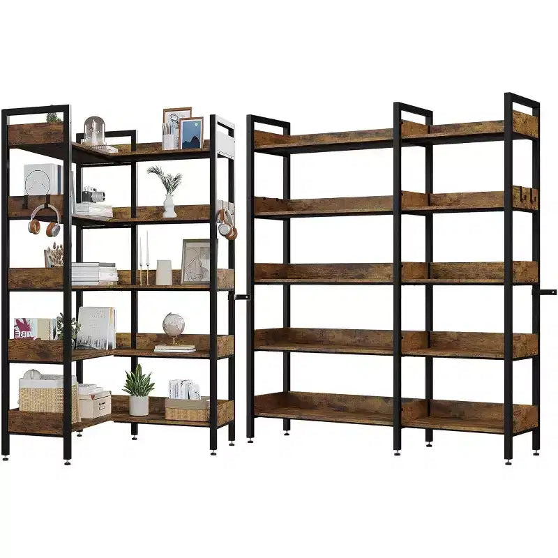 Acekool 5 Tier Convertible Corner Bookshelf, L Shaped Industrial Bookcase, Display Storage Shelf for Living Room Office