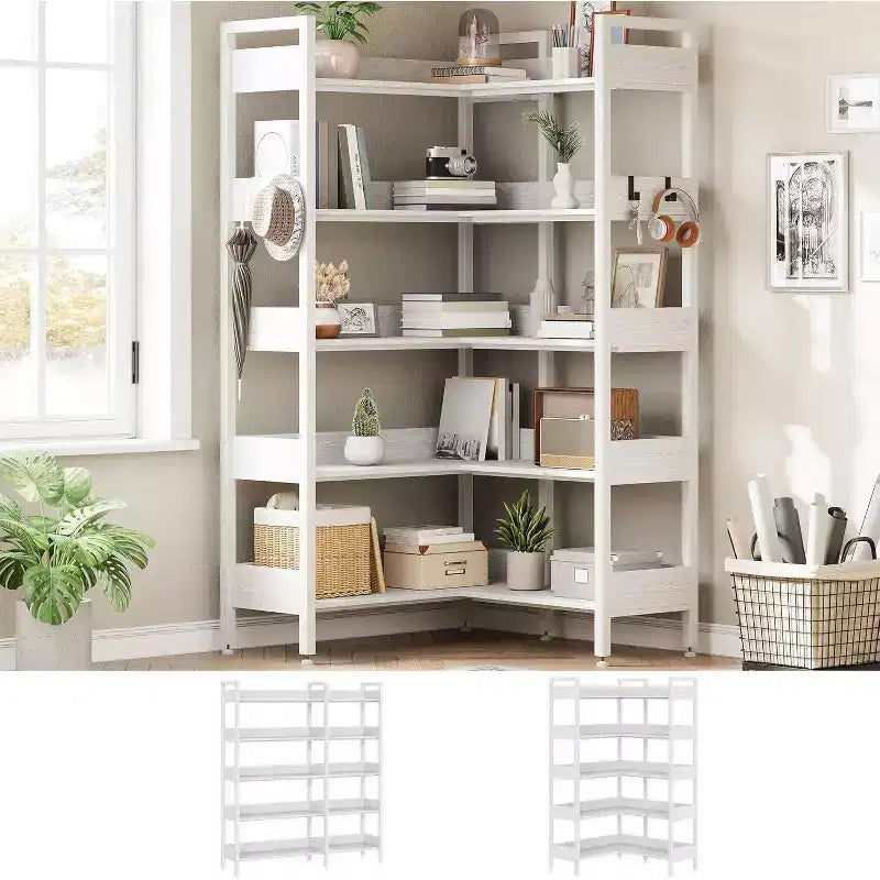 Acekool 5 Tier Convertible Corner Bookshelf, L Shaped Industrial Bookcase, Display Storage Shelf for Living Room Office