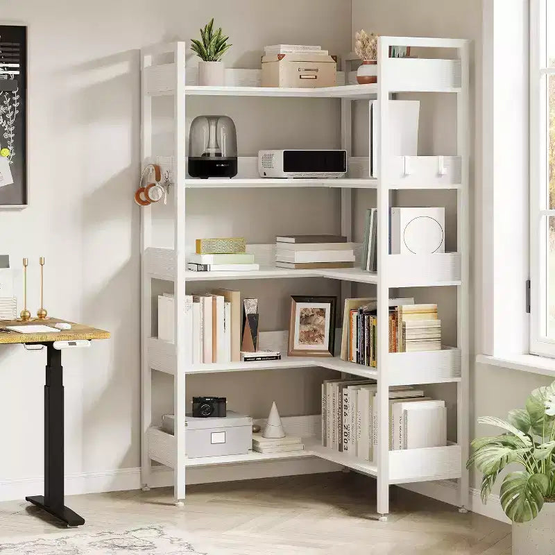 Acekool 5 Tier Convertible Corner Bookshelf, L Shaped Industrial Bookcase, Display Storage Shelf for Living Room Office