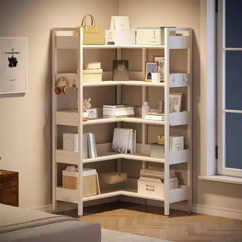 Acekool 5 Tier Convertible Corner Bookshelf, L Shaped Industrial Bookcase, Display Storage Shelf for Living Room Office