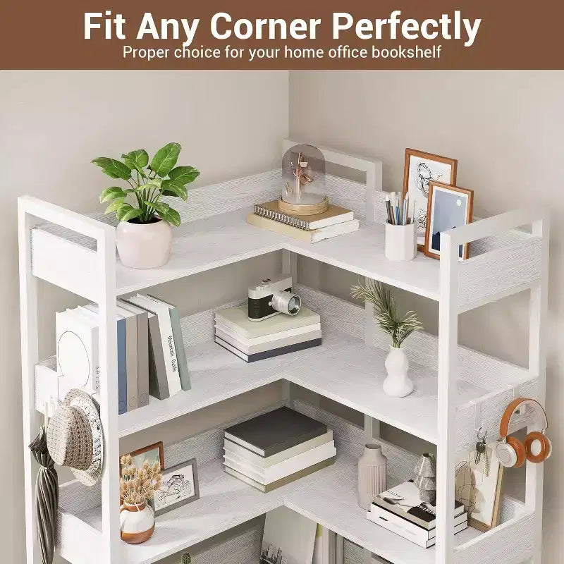 Acekool 5 Tier Convertible Corner Bookshelf, L Shaped Industrial Bookcase, Display Storage Shelf for Living Room Office