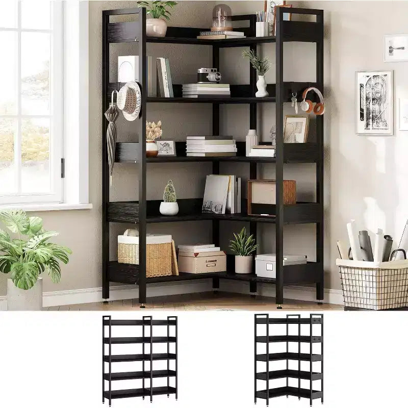 Acekool 5 Tier Convertible Corner Bookshelf, L Shaped Industrial Bookcase, Display Storage Shelf for Living Room Office