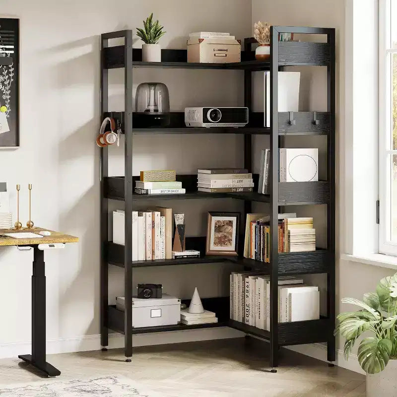 Acekool 5 Tier Convertible Corner Bookshelf, L Shaped Industrial Bookcase, Display Storage Shelf for Living Room Office