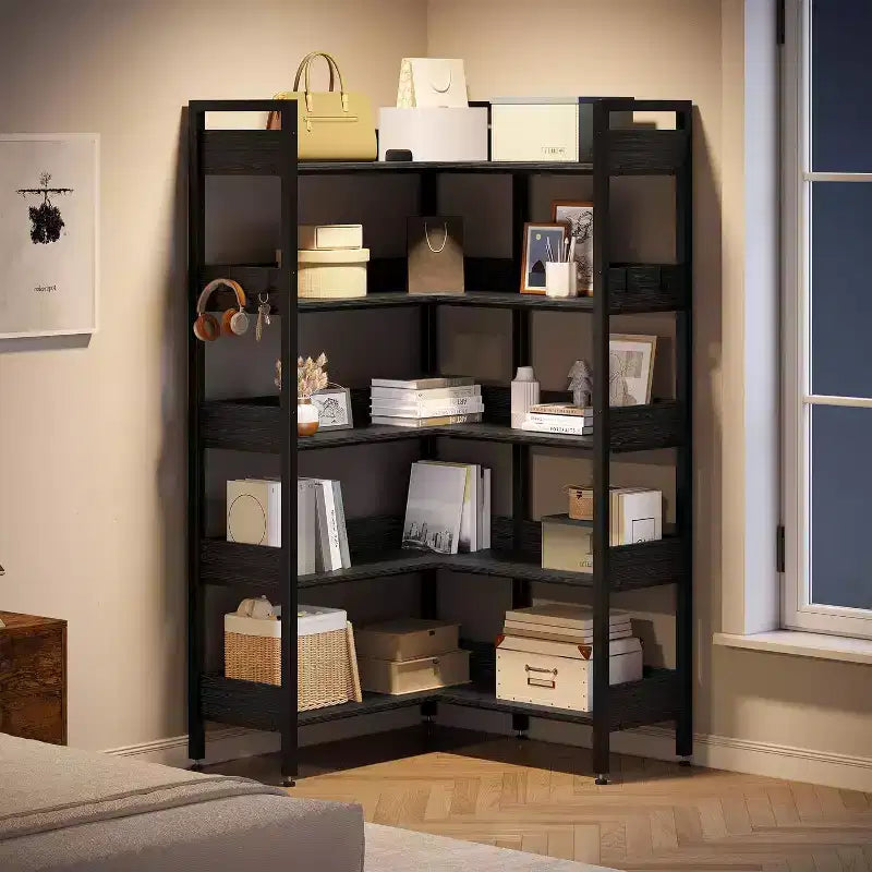 Acekool 5 Tier Convertible Corner Bookshelf, L Shaped Industrial Bookcase, Display Storage Shelf for Living Room Office