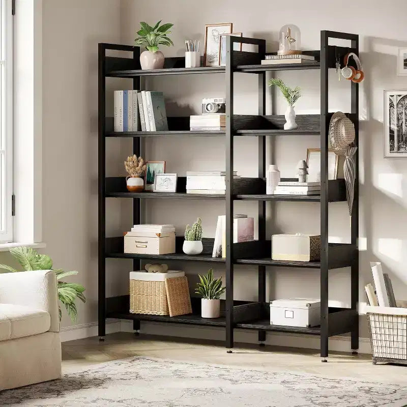 Acekool 5 Tier Convertible Corner Bookshelf, L Shaped Industrial Bookcase, Display Storage Shelf for Living Room Office