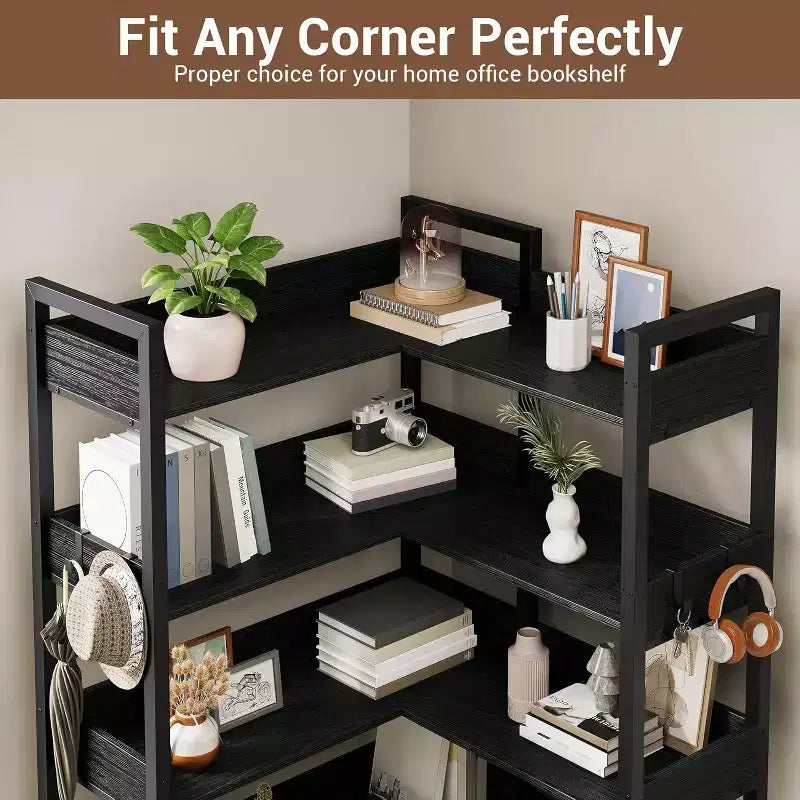 Acekool 5 Tier Convertible Corner Bookshelf, L Shaped Industrial Bookcase, Display Storage Shelf for Living Room Office