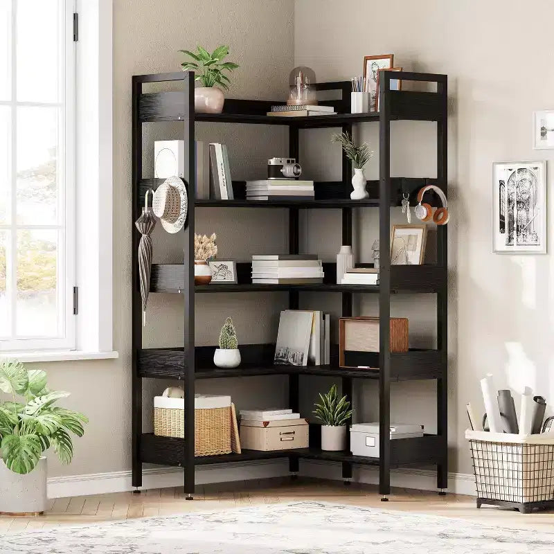 Acekool 5 Tier Convertible Corner Bookshelf, L Shaped Industrial Bookcase, Display Storage Shelf for Living Room Office