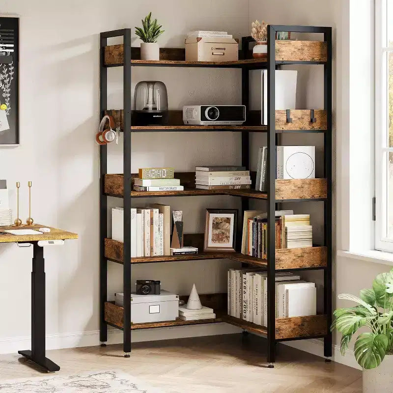 Acekool 5 Tier Convertible Corner Bookshelf, L Shaped Industrial Bookcase, Display Storage Shelf for Living Room Office