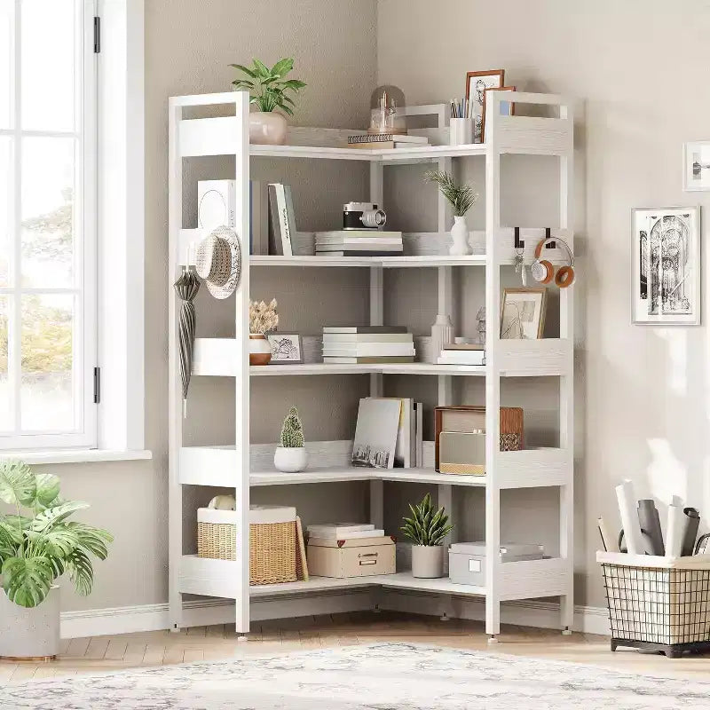 Acekool 5 Tier Convertible Corner Bookshelf, L Shaped Industrial Bookcase, Display Storage Shelf for Living Room Office