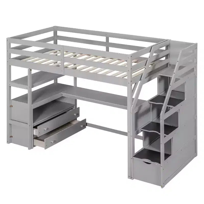 Loft Bed with Storage Staircase and Desk, High Loft Bed Frame with 2 Built-in Drawers for Kids Teens Adults