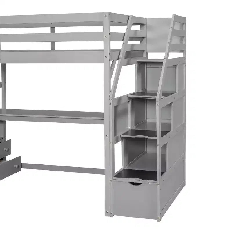 Loft Bed with Storage Staircase and Desk, High Loft Bed Frame with 2 Built-in Drawers for Kids Teens Adults