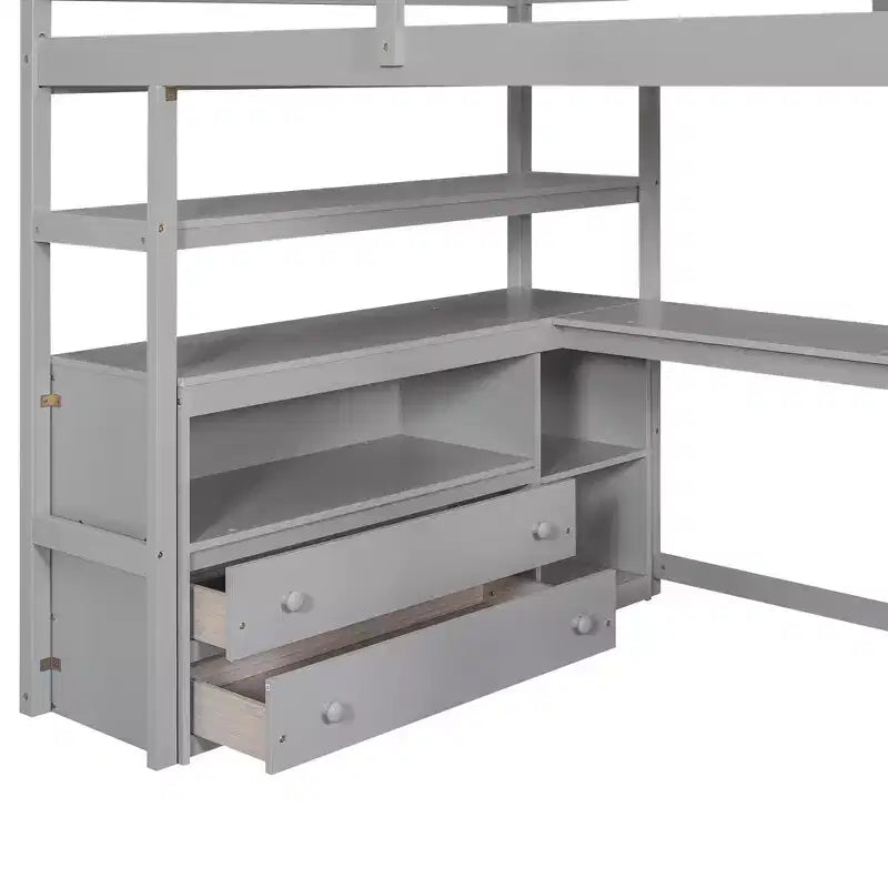 Loft Bed with Storage Staircase and Desk, High Loft Bed Frame with 2 Built-in Drawers for Kids Teens Adults
