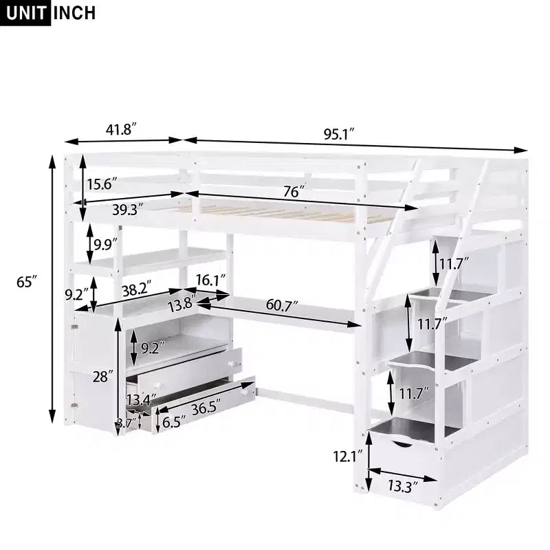 Loft Bed with Storage Staircase and Desk, High Loft Bed Frame with 2 Built-in Drawers for Kids Teens Adults