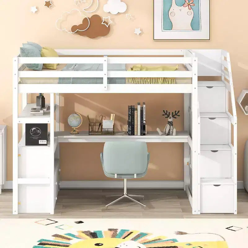 Loft Bed with Storage Staircase and Desk, High Loft Bed Frame with 2 Built-in Drawers for Kids Teens Adults