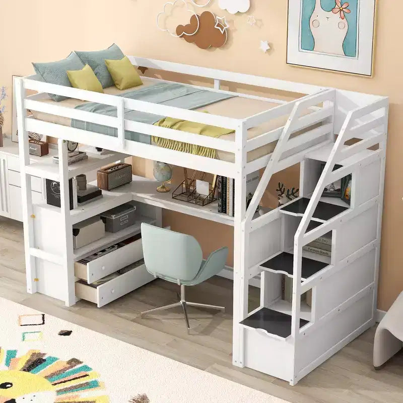 Loft Bed with Storage Staircase and Desk, High Loft Bed Frame with 2 Built-in Drawers for Kids Teens Adults