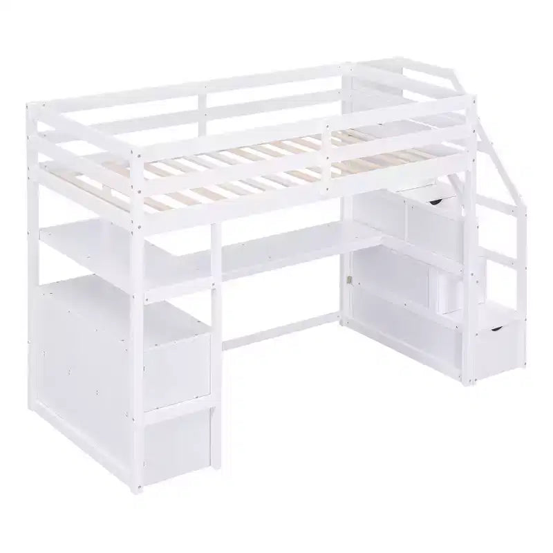 Loft Bed with Storage Staircase and Desk, High Loft Bed Frame with 2 Built-in Drawers for Kids Teens Adults