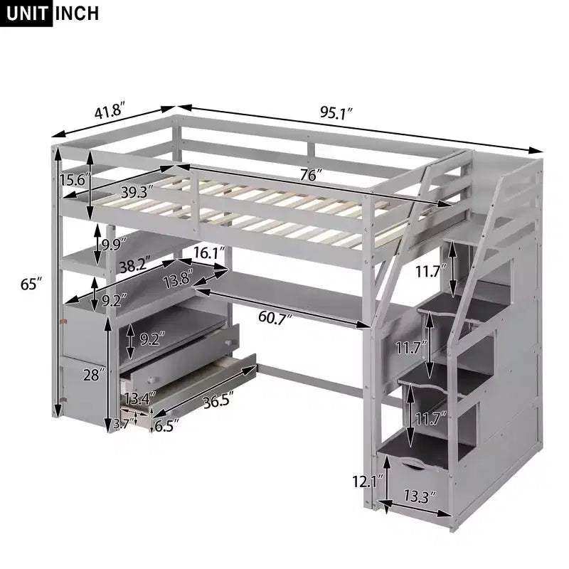 Loft Bed with Storage Staircase and Desk, High Loft Bed Frame with 2 Built-in Drawers for Kids Teens Adults