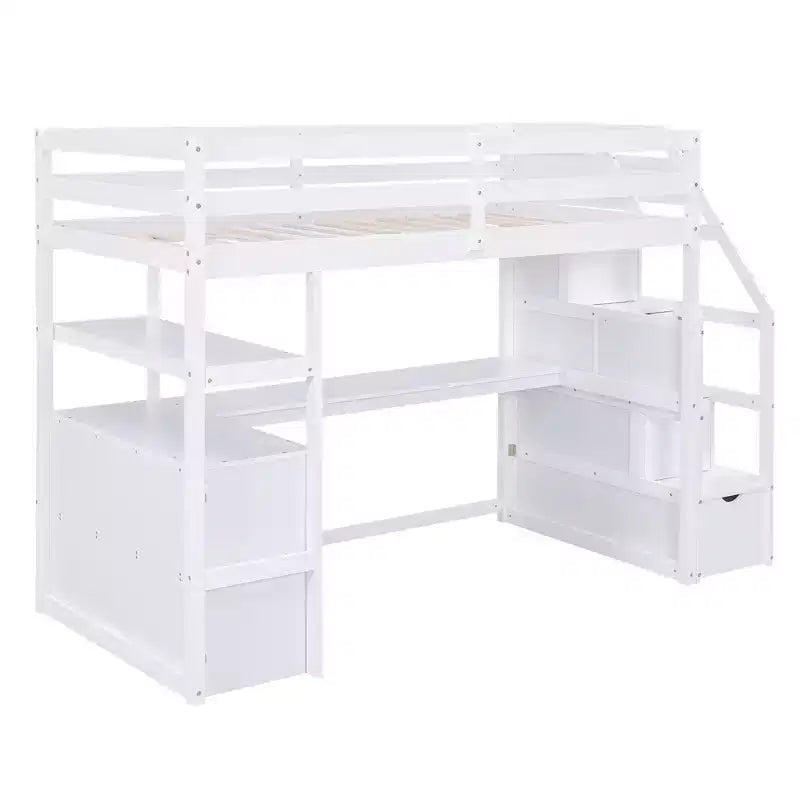 Loft Bed with Storage Staircase and Desk, High Loft Bed Frame with 2 Built-in Drawers for Kids Teens Adults