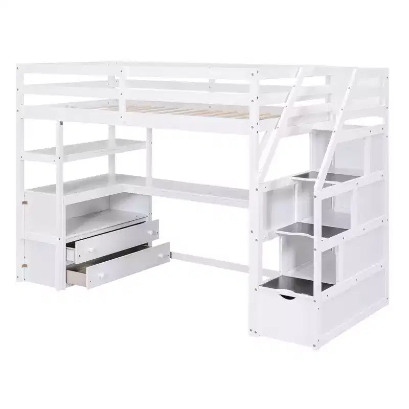 Loft Bed with Storage Staircase and Desk, High Loft Bed Frame with 2 Built-in Drawers for Kids Teens Adults