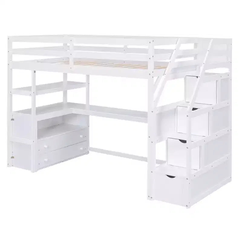 Loft Bed with Storage Staircase and Desk, High Loft Bed Frame with 2 Built-in Drawers for Kids Teens Adults