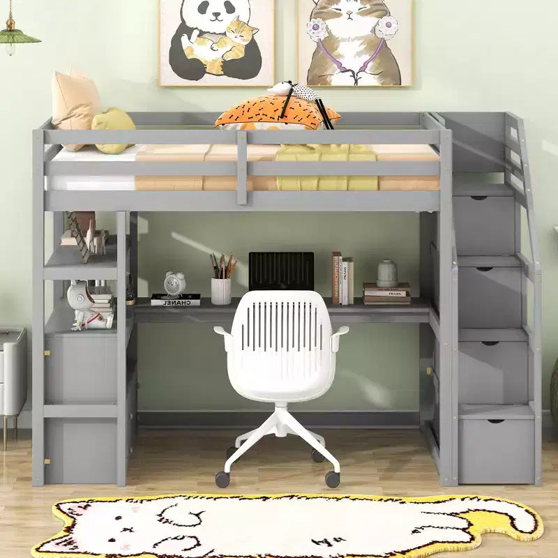 Loft Bed with Storage Staircase and Desk, High Loft Bed Frame with 2 Built-in Drawers for Kids Teens Adults
