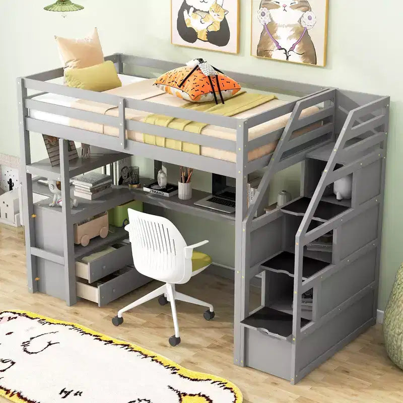 Loft Bed with Storage Staircase and Desk, High Loft Bed Frame with 2 Built-in Drawers for Kids Teens Adults