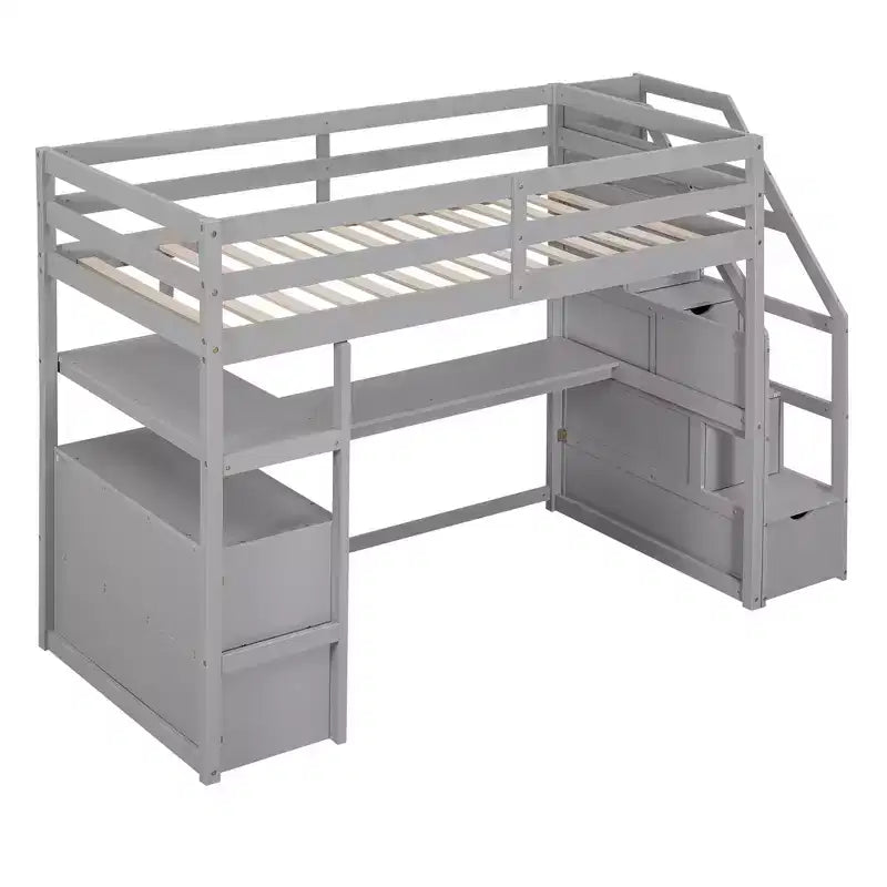 Loft Bed with Storage Staircase and Desk, High Loft Bed Frame with 2 Built-in Drawers for Kids Teens Adults