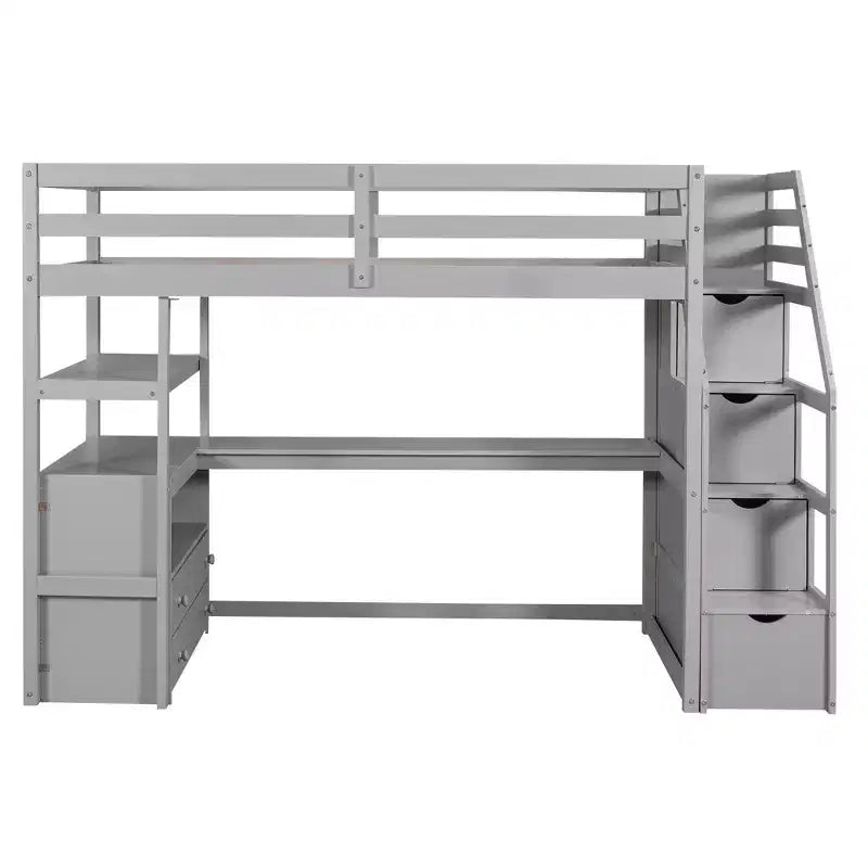 Loft Bed with Storage Staircase and Desk, High Loft Bed Frame with 2 Built-in Drawers for Kids Teens Adults