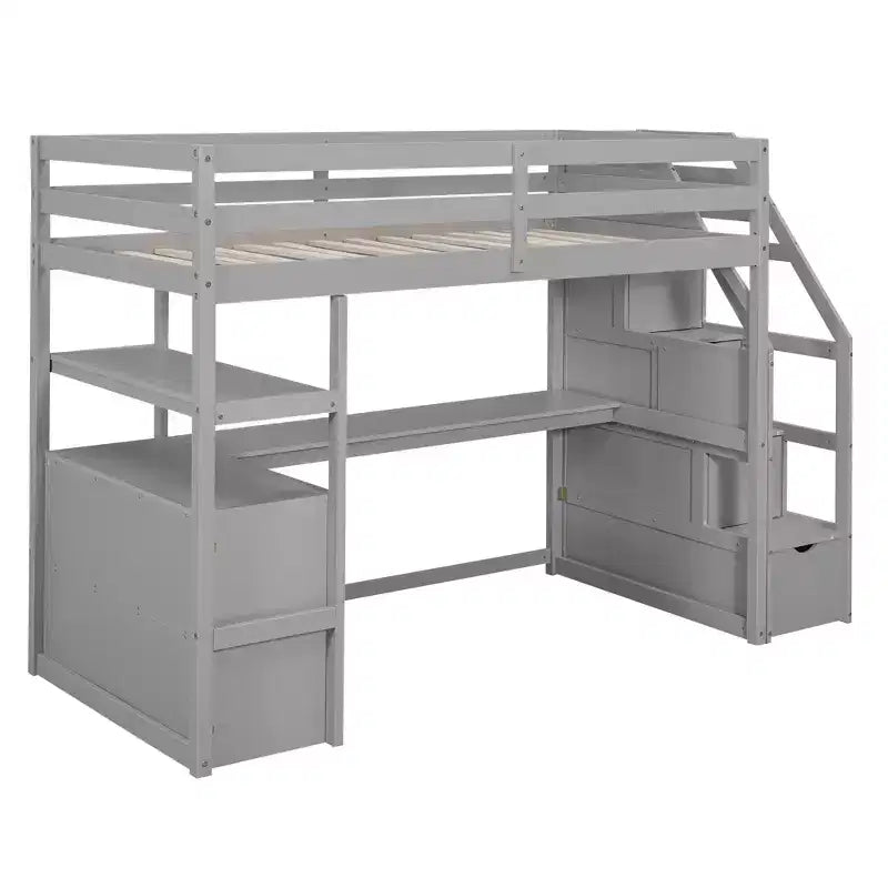 Loft Bed with Storage Staircase and Desk, High Loft Bed Frame with 2 Built-in Drawers for Kids Teens Adults