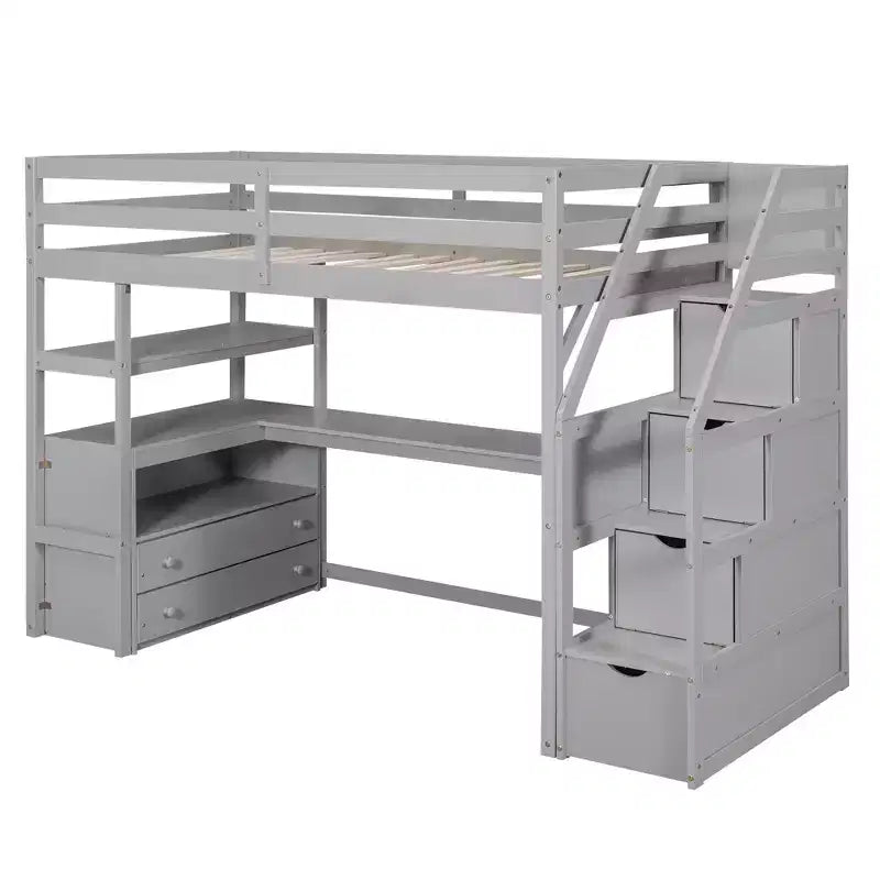 Loft Bed with Storage Staircase and Desk, High Loft Bed Frame with 2 Built-in Drawers for Kids Teens Adults